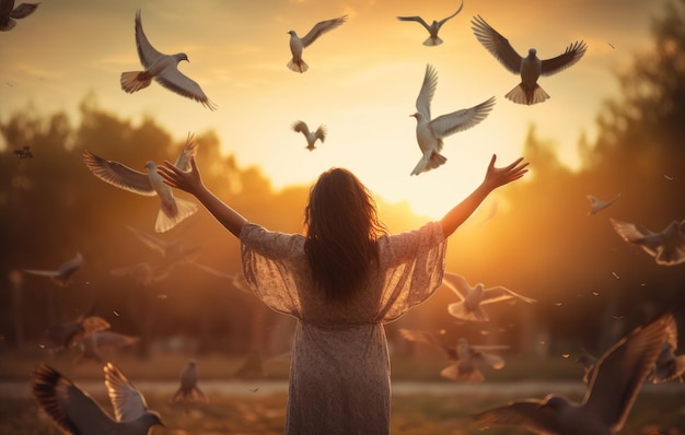 Woman Surrounded by Birds in a Beautiful Serene Field
