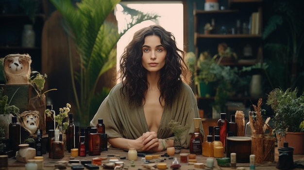 Photo woman surrounded by bottles and flowers