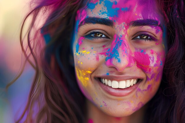 ホリの祭りで色彩に囲まれた女性
