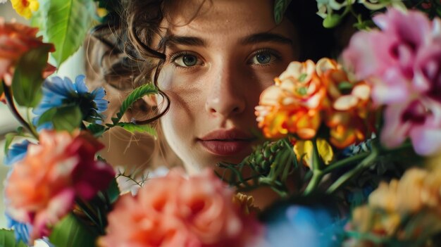Woman surrounded by colorful flowers closeup aig