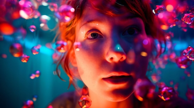 Woman surrounded by colorful light bubbles generative ai