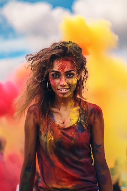 a woman surrounded by colorful smoke during the holi festival