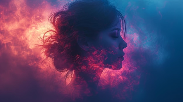 Woman surrounded by colorful smoke