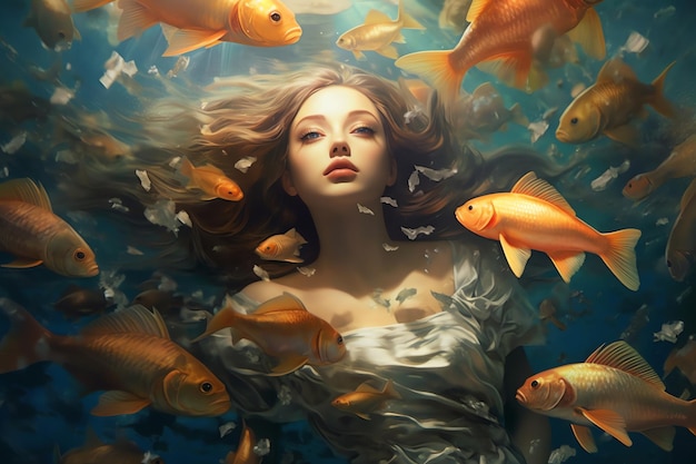 A woman surrounded by fish is surrounded by goldfish.