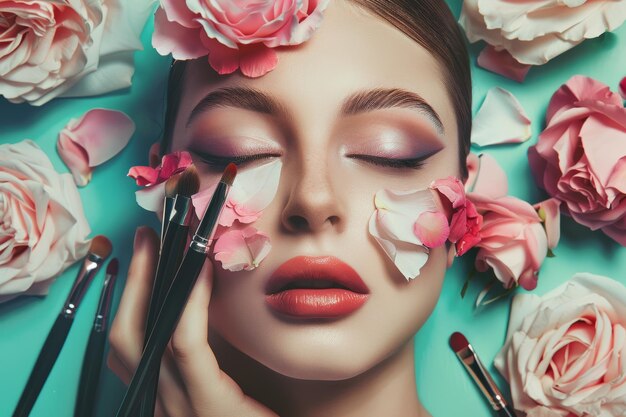 Woman Surrounded by Flowers and Makeup Brushes Generative AI