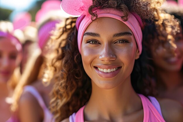 A woman surrounded by friends raising funds at a breast cancer fundraising