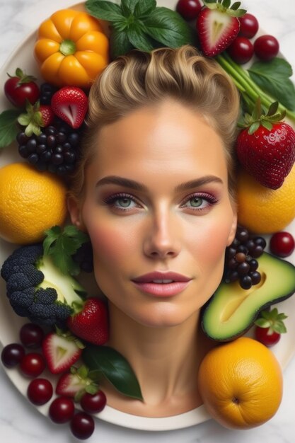 인공지능이 생성한 과일과 채소로 둘러싸인 여성
