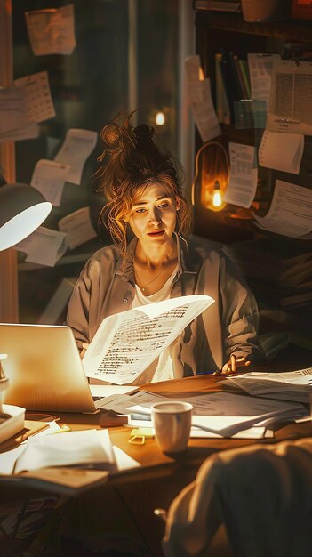 Photo woman surrounded by paperwork working on laptop