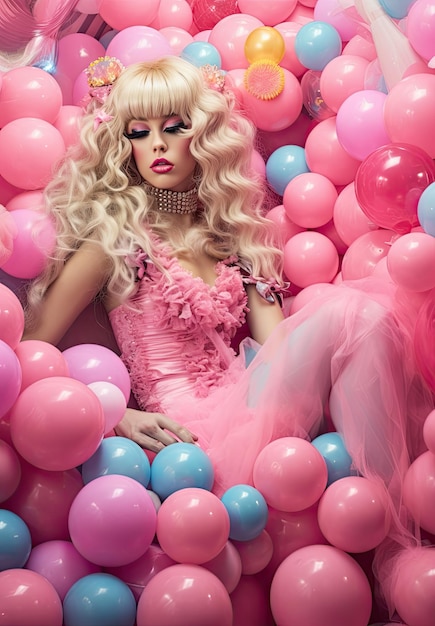 Photo a woman surrounded by pink and blue balloons