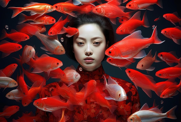 a woman surrounded by red fishes in the style of glitch art