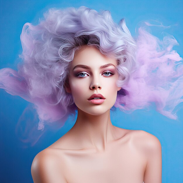 Woman surrounded by a soft cloud abstract fashion concept portrait