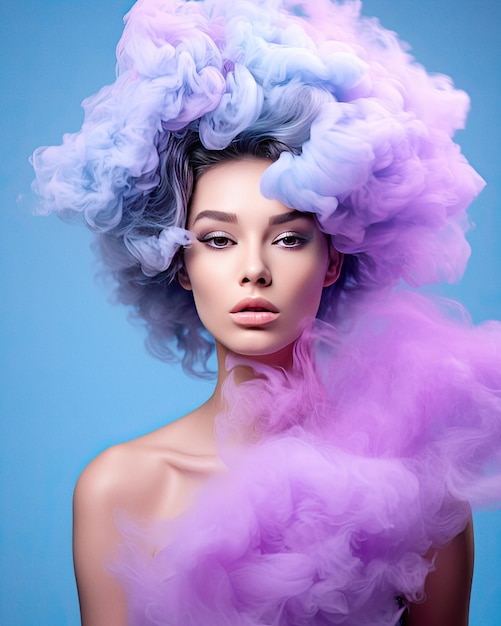 Woman surrounded by a soft cloud abstract fashion concept portrait