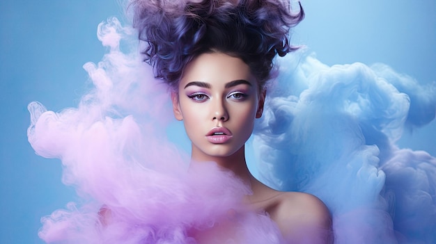 Woman surrounded by a soft cloud abstract fashion concept portrait