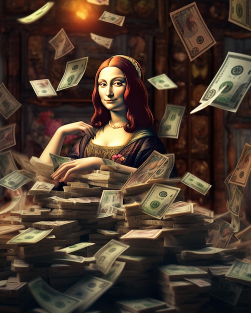 A woman surrounded by stacks of money with the words " money " on the top.