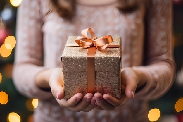 A woman in a sweater holds a gift box in her hands on the background of a Christmas tree 1