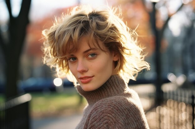 a woman in a sweater standing in a park