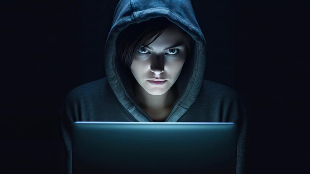 woman in sweatshirt using laptop in dark room