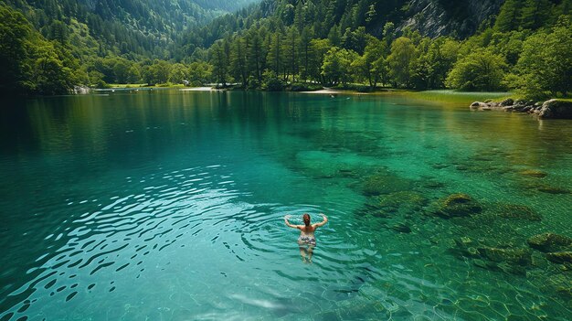 写真 女性がラグーンの澄んだ海水で泳ぐ