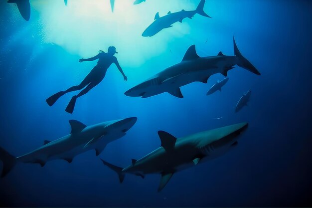 Photo a woman swimming in a blue ocean with sharks.