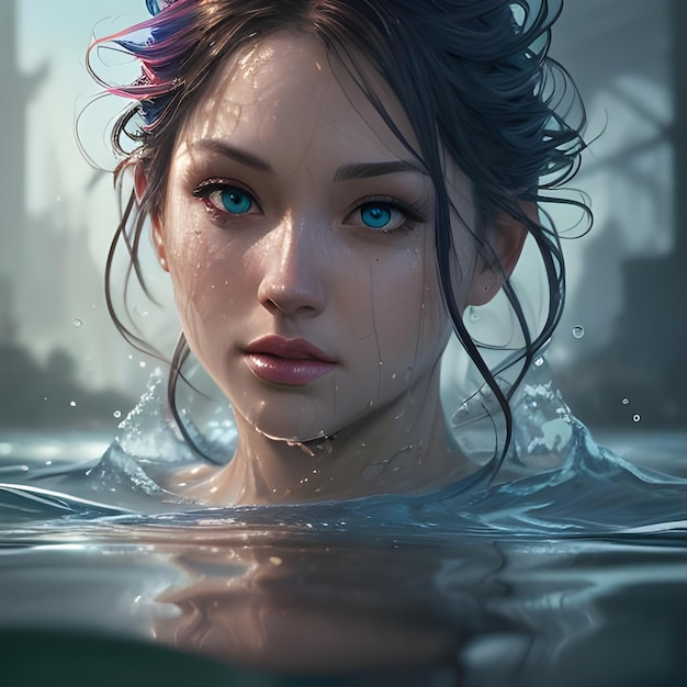 Женщина, плавающая в озере, показывая только голову и блестящие голубые глаза.