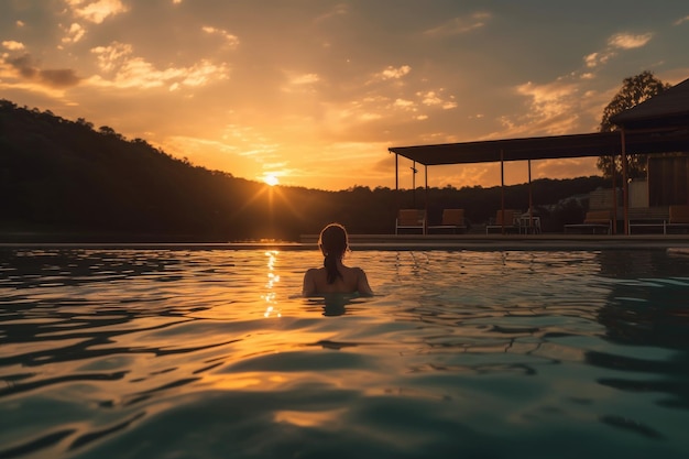 A woman swimming in a lake with the sun setting behind her