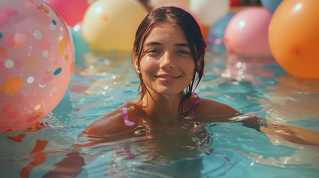 Женщина плавает в бассейне с воздушными шарами