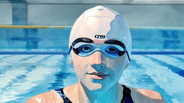 A woman in a swimming pool with a blue headband on her head