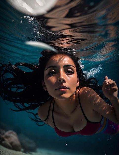 Женщина плавает под водой в океане
