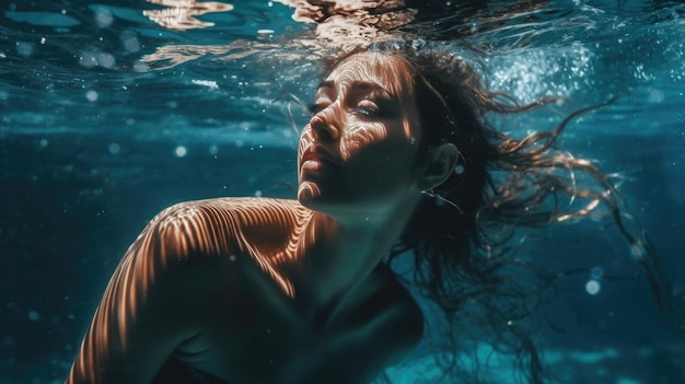 A woman swimming under water with her eyes closed.