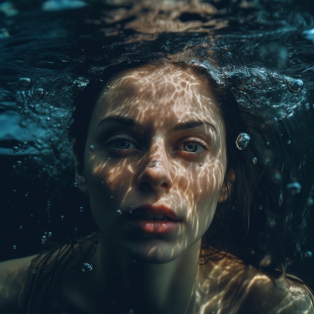 a woman swimming under water with the reflection of her face.