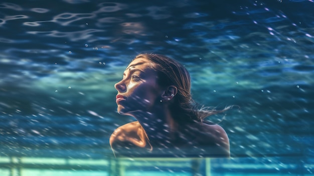 A woman swimming under water with the words " aquarius " on the bottom.