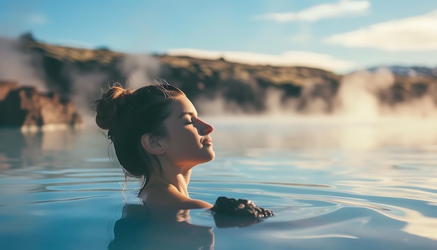 Foto una donna nuota davanti a una cascata