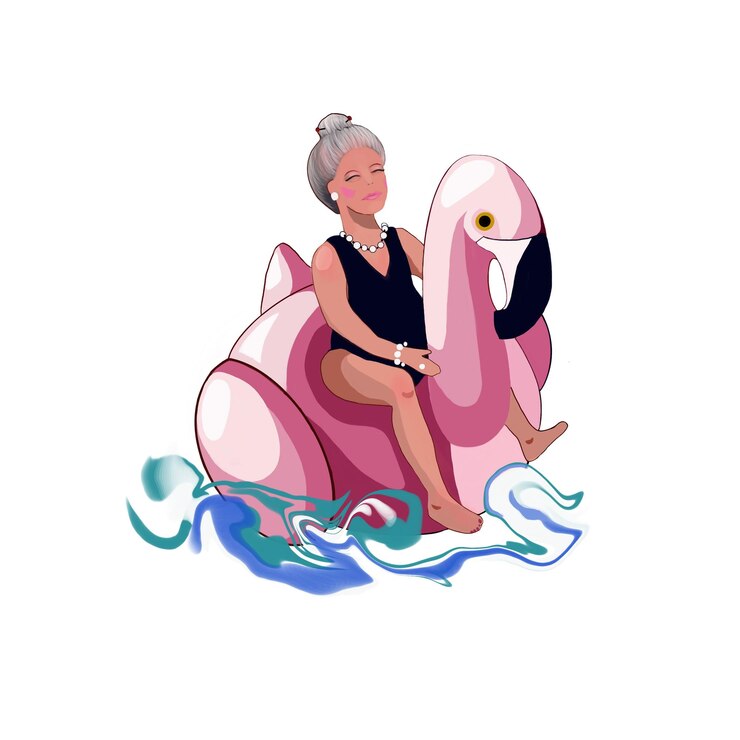 Photo a woman swims on an inflatable circle in the form of a flamingo