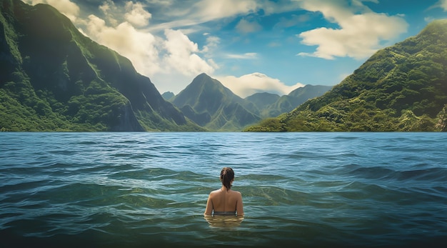 A woman swims in a lake with mountains in the background