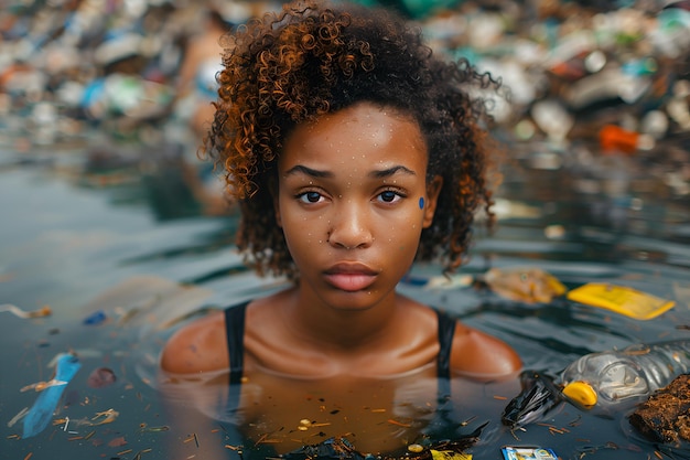 Foto donna nuota sott'acqua tra spazzatura e rifiuti di plastica dell'oceano concetto di inquinamento ambientale da plastica