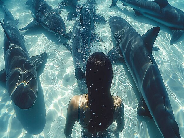 a woman swims in the water with dolphins