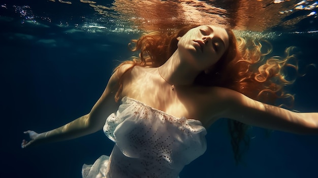 A woman swims under water with her arms outstretched