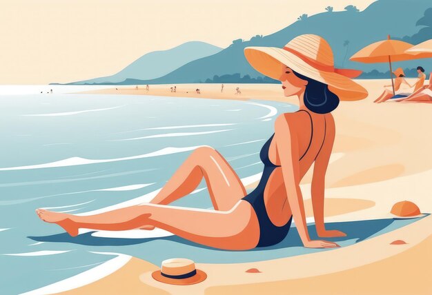 Woman in swimsuit and hat on the beach Vector illustration ai generative