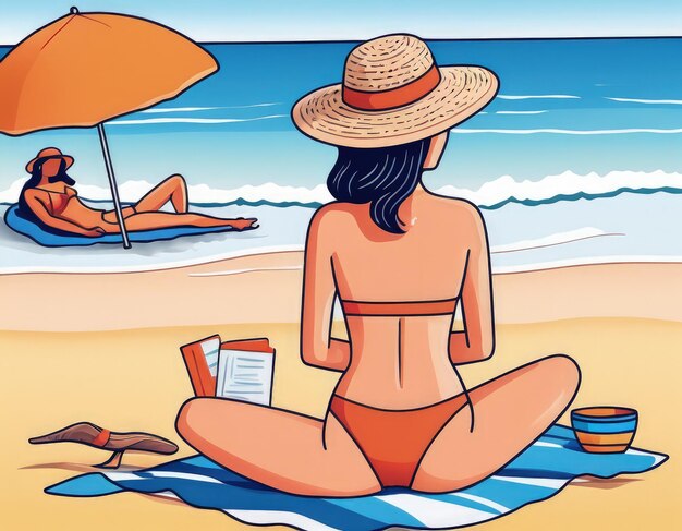 Woman in swimsuit and hat on the beach Vector illustration ai generative