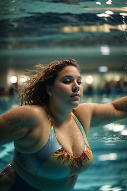 a woman in a swimsuit is standing in the water and her hand is in the water.