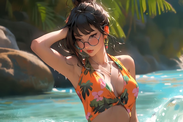 A woman in a swimsuit with glasses and a tropical plant in the background