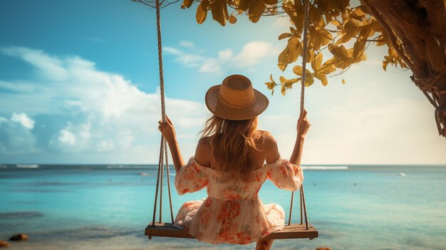 A woman on a swing at the beach