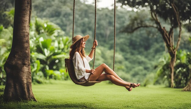 a woman on a swing in the garden