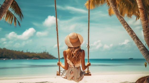 Woman on a swing on a tropical beach