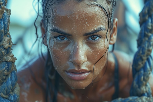 Woman swinging with wet hair and blue eyes