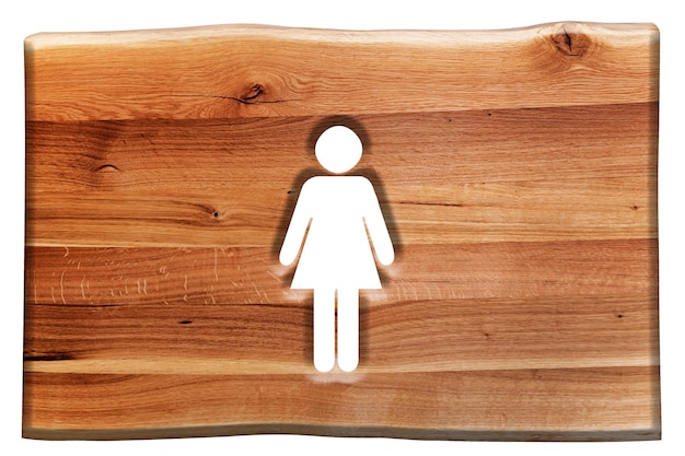 Woman symbol cut in wooden board isolated on white Natural oak wood