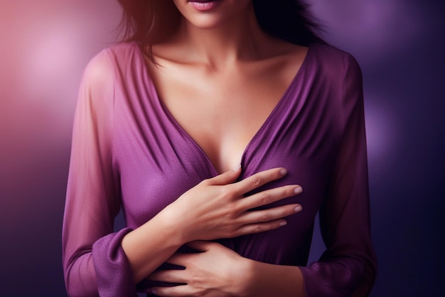 A woman symbolizes World Cancer Day by touching her chest to raise awareness on February 4th