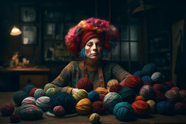 woman on a table with a ball of yarn on her head in