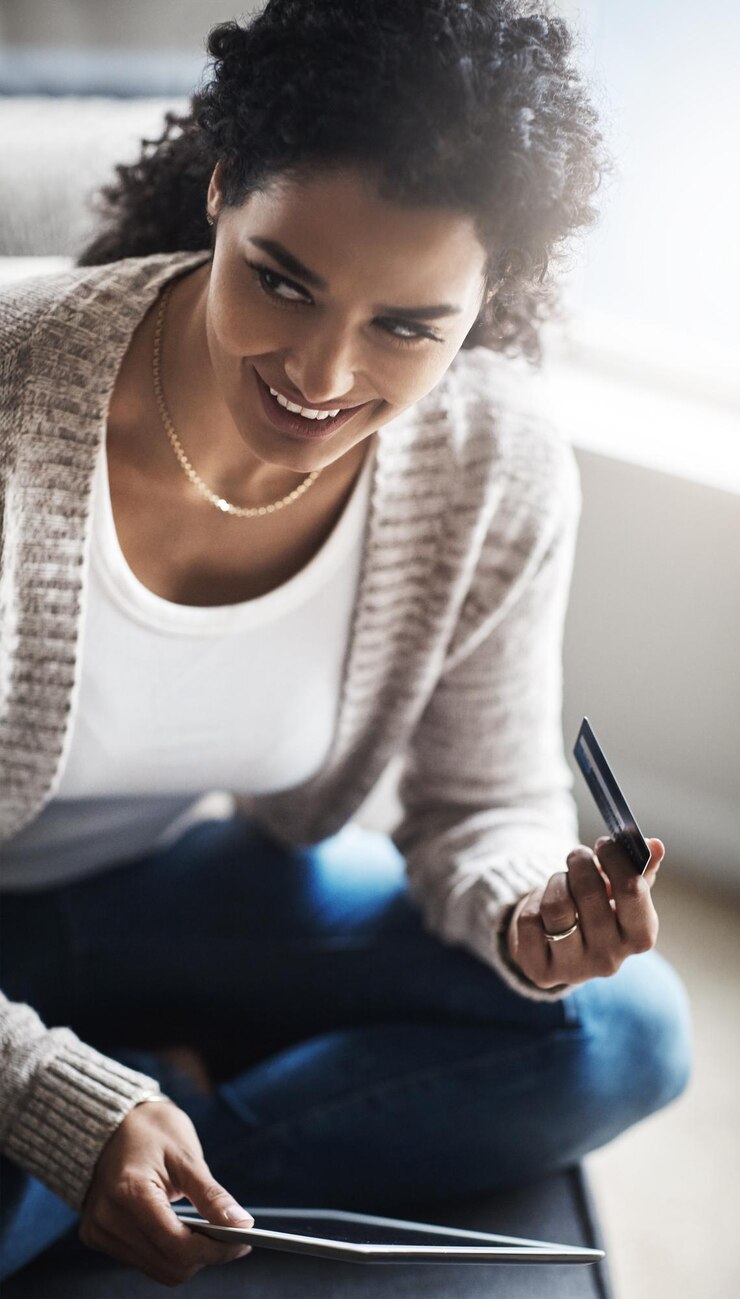 Photo woman tablet and thinking in home with credit card online banking and security details for mobile app in house ecommerce fintech payment and shopping idea on website customer and transaction