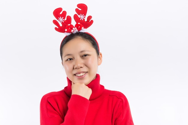 Woman take gift on the red background